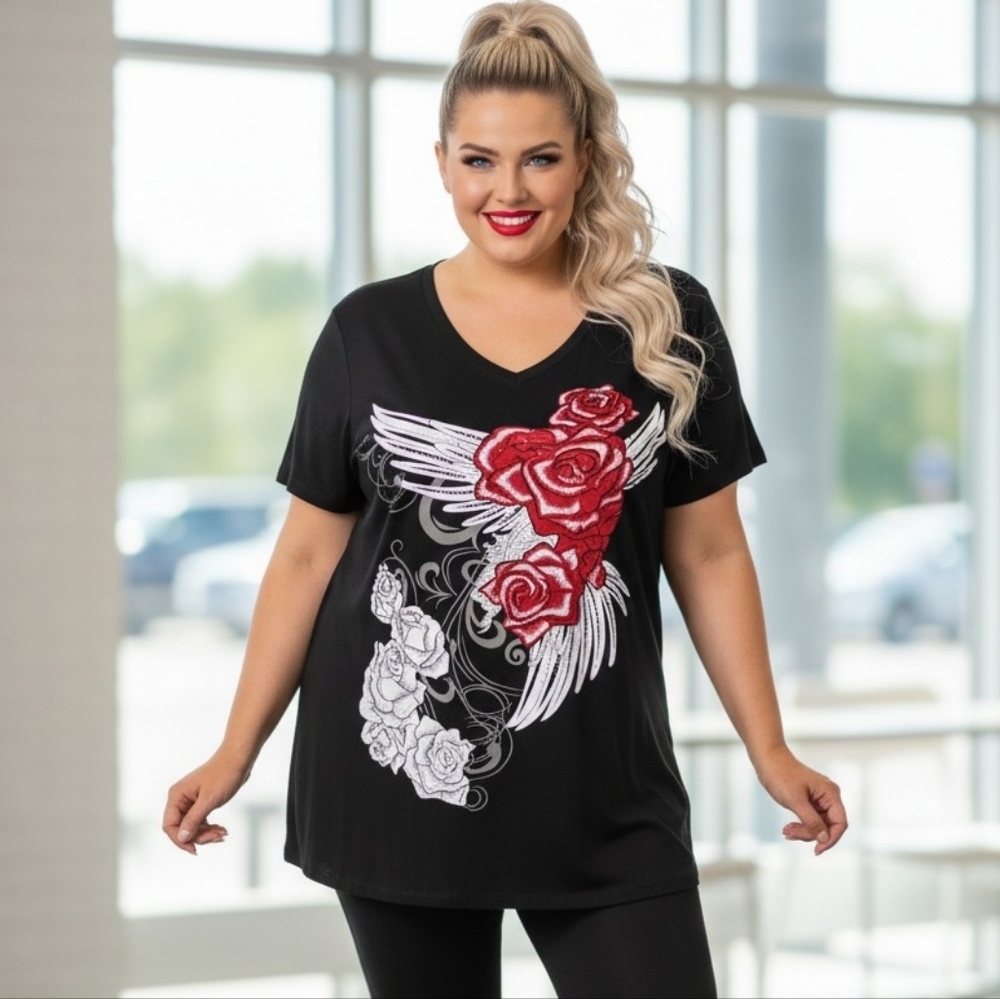 CLEARANCE Black Vneck Graphic Top Red and White Rose Design Rhinestones